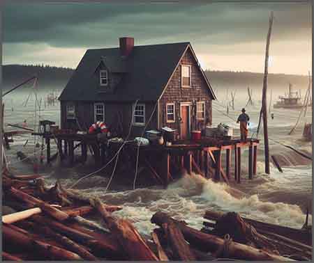 emphasizes the resilience of Maine's fishermen as they face the aftermath of severe storms and plan to rebuild