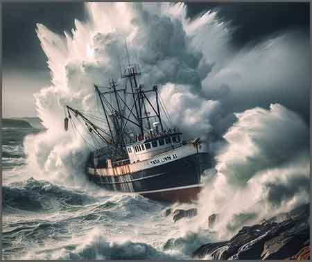 ighlights the dramatic rescue of the fishing trawler in the wake of storm damage.